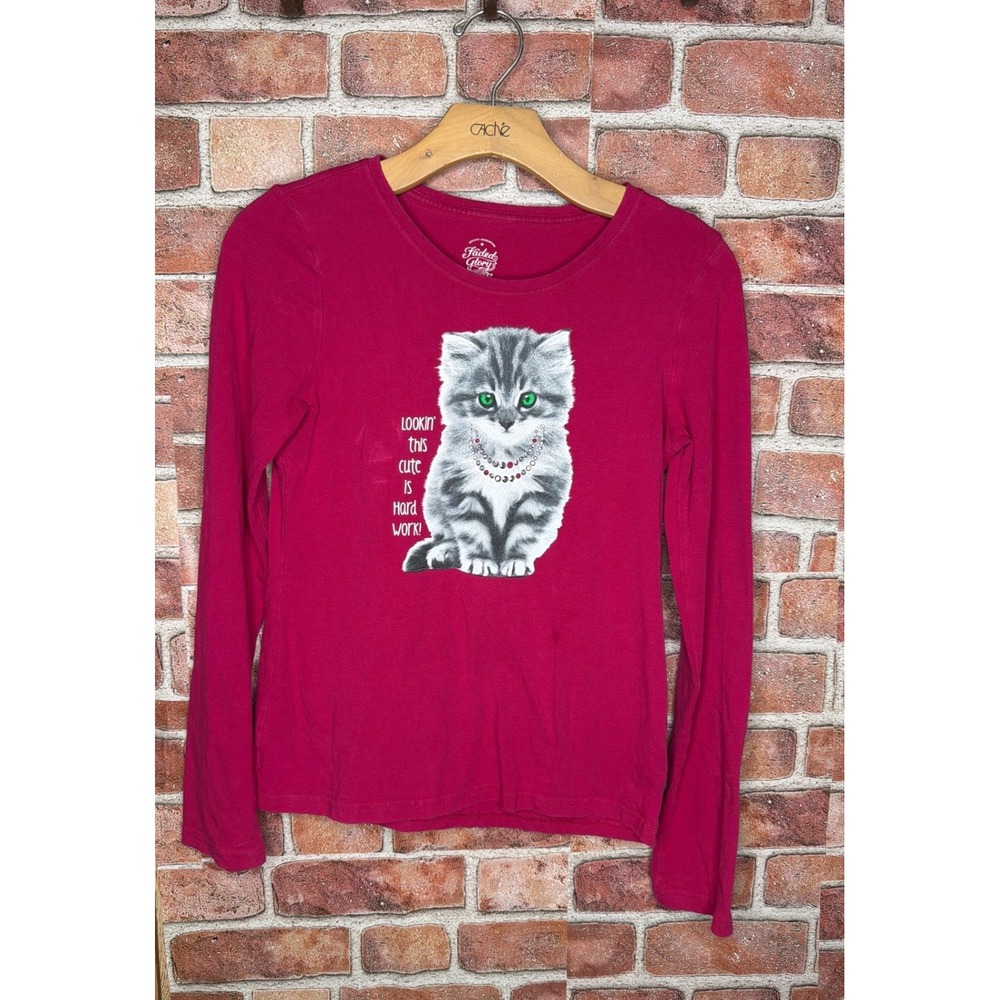 Faded Glory Girls XL 14-16 Pink Cat Graphic Shirt Long Sleeve Kitten Rhinestone